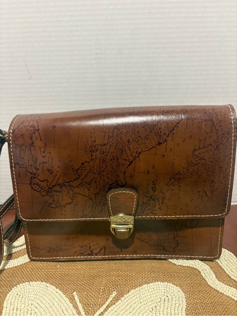 Patricia Nash Brown Leather Messenger with Map Print